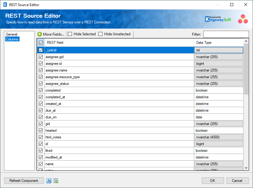 SSIS Asana REST Source - Columns